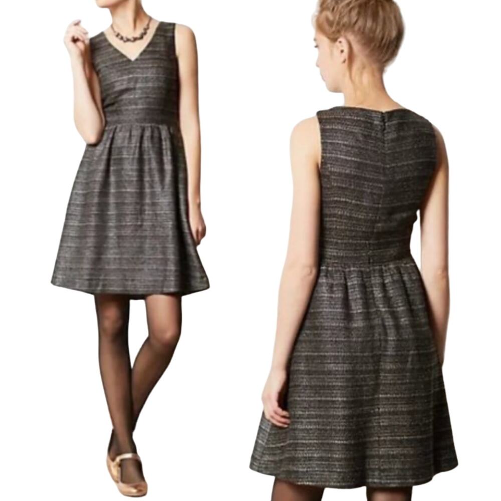 Anthropologie Metallic Tweed Fit & Flare Dress Sleeveless V Neck Black Gold 10